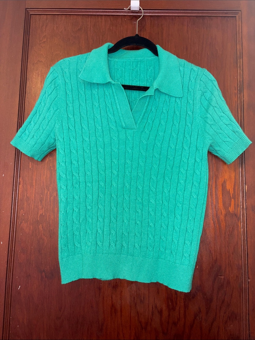 Kelly Green Cable Knit Short Sleeve Polo Sweater